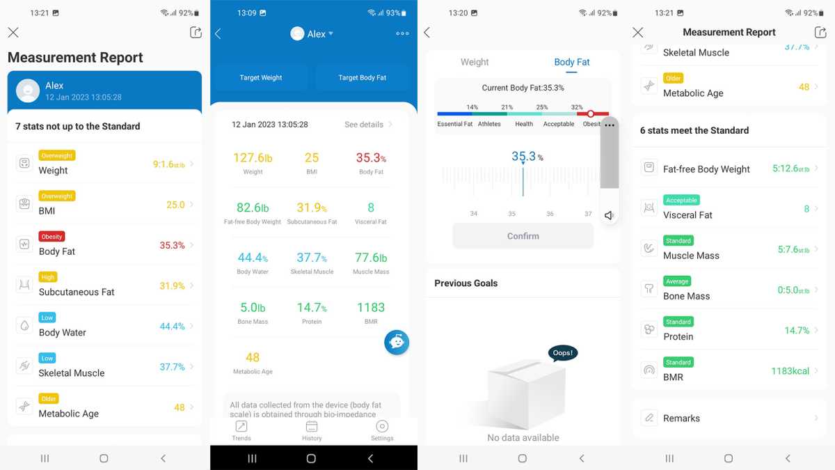 Captures d'écran de l'application Renpho, montrant les mesures corporelles