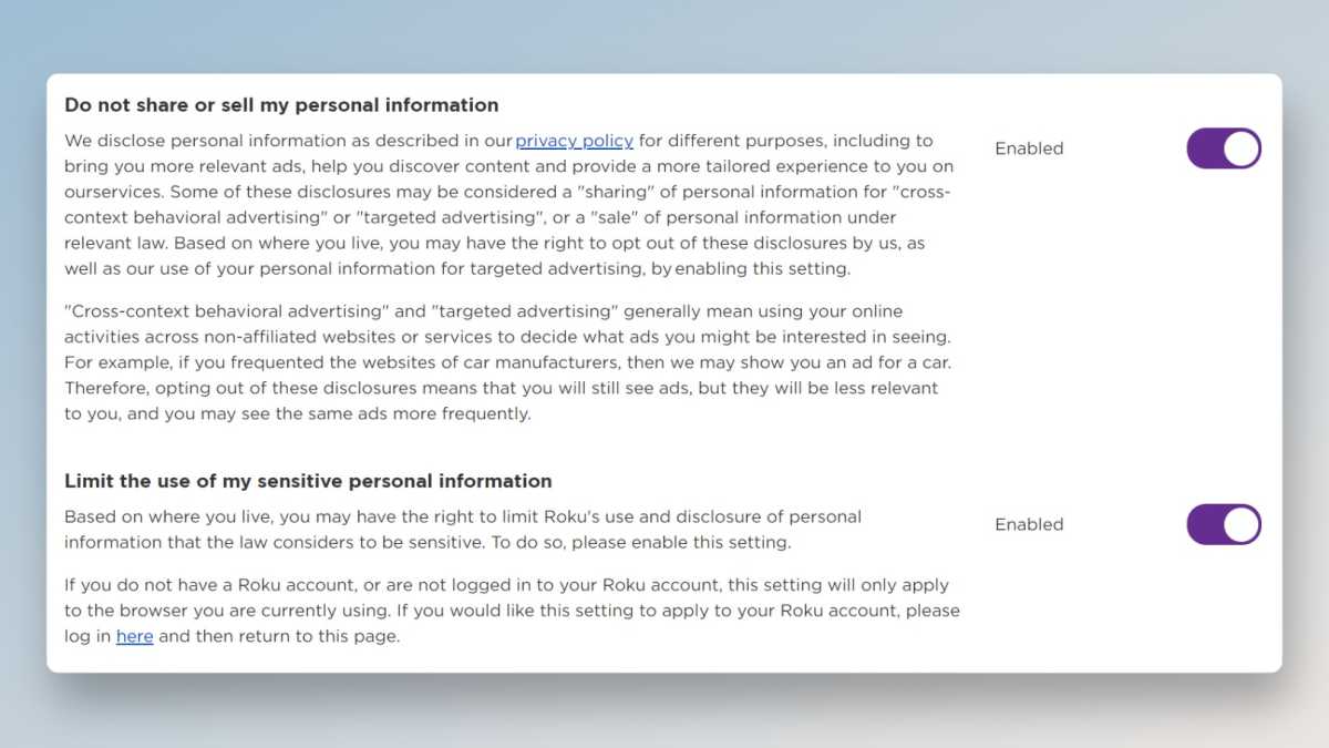Roku "Do Not Sell"  page