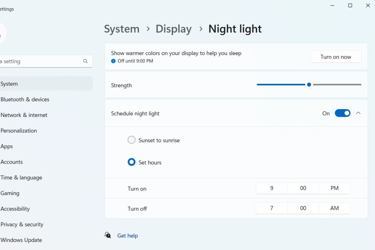 When you select the slider next to Schedule night light, you can choose to set custom hours by pushing the bubble next to set hours. Just click the numbers and am or pm to change the times. 