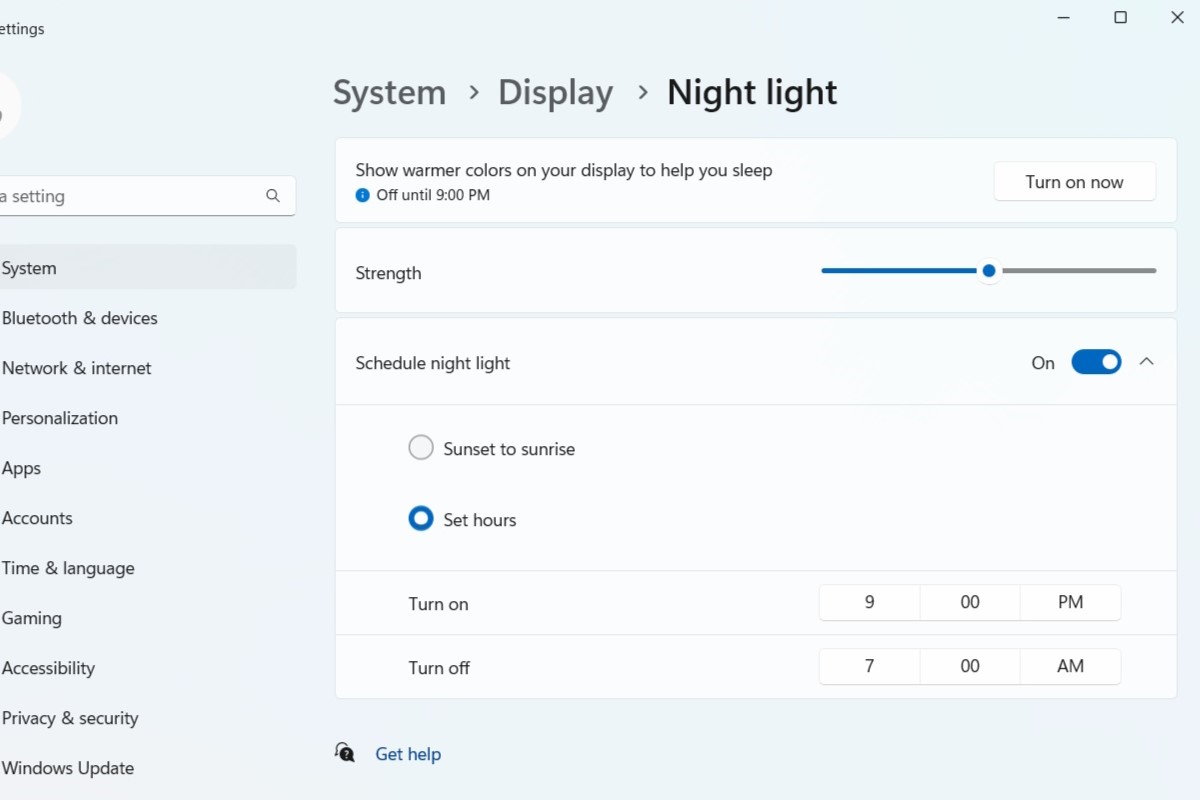 When you select the slider next to Schedule night light, you can choose to set custom hours by pushing the bubble next to set hours. Just click the numbers and am or pm to change the times.