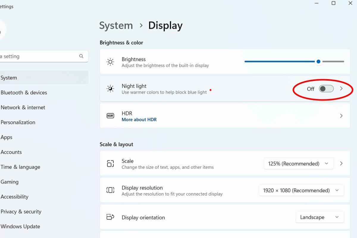 To block the blue light all the time, switch the Night Light settings to on by clicking the slider.