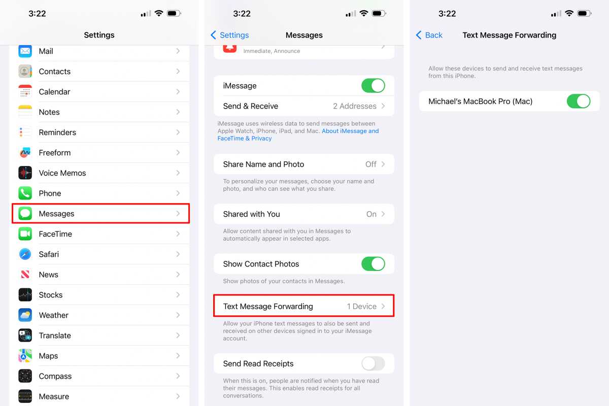 Text Message Forwarding settings