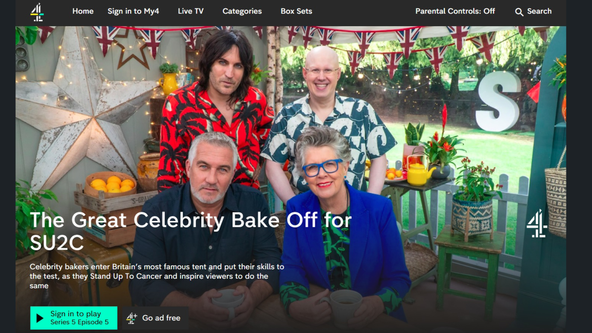 Screenshot von The Great Celebrity Bake off für SU2C auf der Channel 4-Website