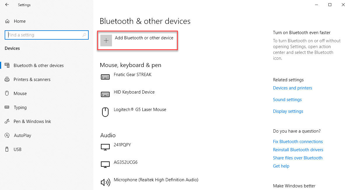 Windows 10 התחבר למסך מסך Bluetooth