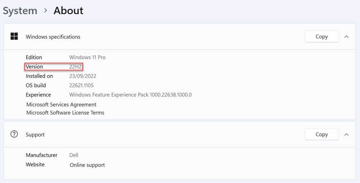 Windows 11 version number in Settings