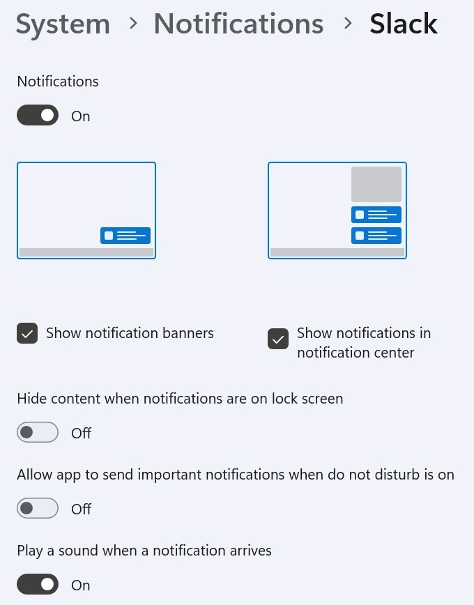 Capturas de pantalla de administración de notificaciones de Windows 11