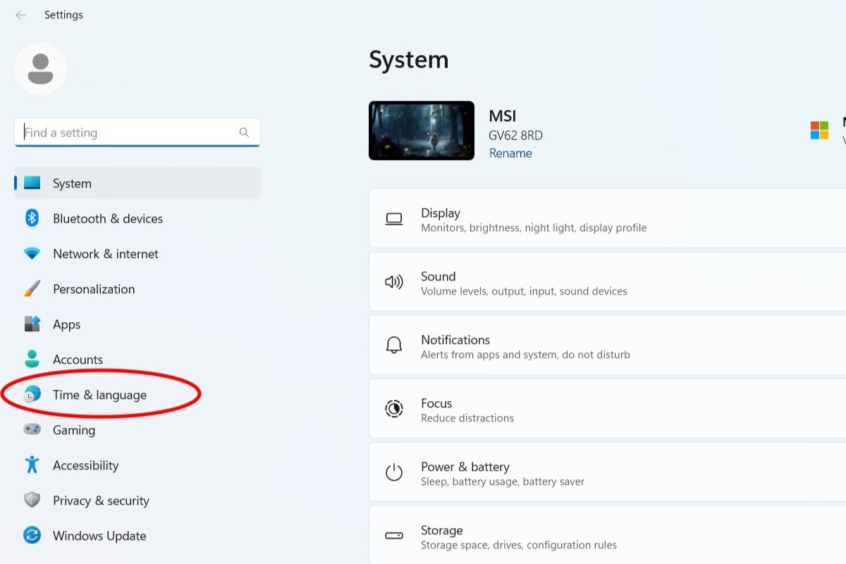 In the lefthand side menu of the system settings screen, you will select the option for Time & language.