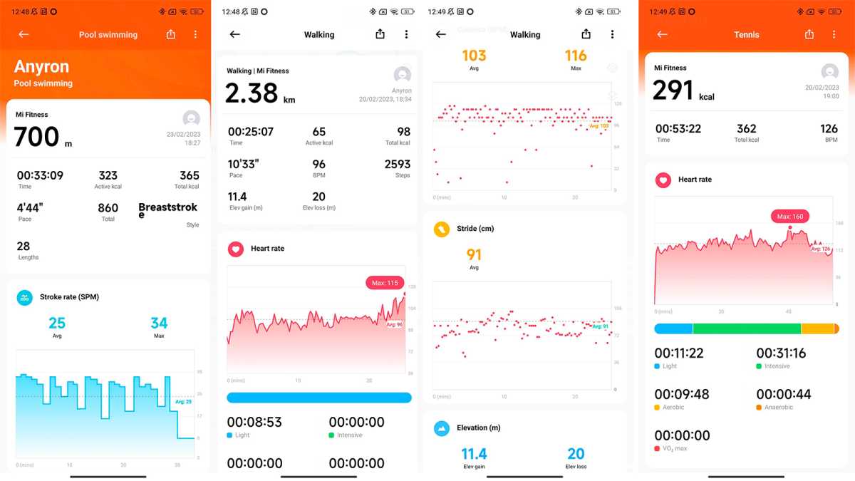 Xiaomi Watch S1 Pro swimming, tennis and walking data