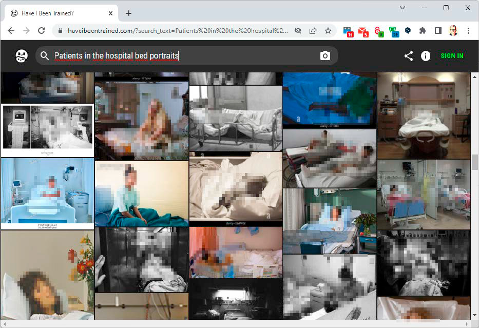 Dieses Ergebnis liefert die Spezialsuche https://haveibeentrained.com bei der Suche nach Patienten in Krankenhausbetten. Mit genau diesen Bildern werden künstliche Intelligenzen trainiert. Meist ohne Wissen der abgebildeten Personen.