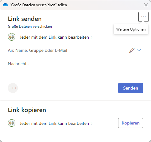 In Onedrive können Sie auswählen, ob Sie den Datei-Link direkt an eine Person schicken oder an mehrere verteilen wollen.