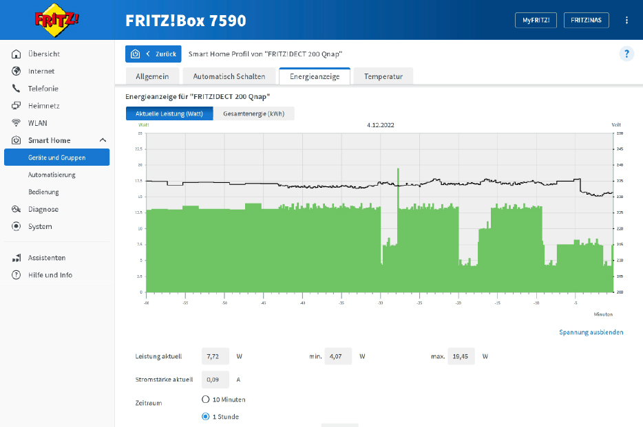 Messung der Leistungsaufnahme einer Qnap-NAS: Hier lässt sich erkennen, dass die Festplatten immer nur kurz in den Energiesparmodus mit einem Verbrauch von unter fünf Watt wechseln.