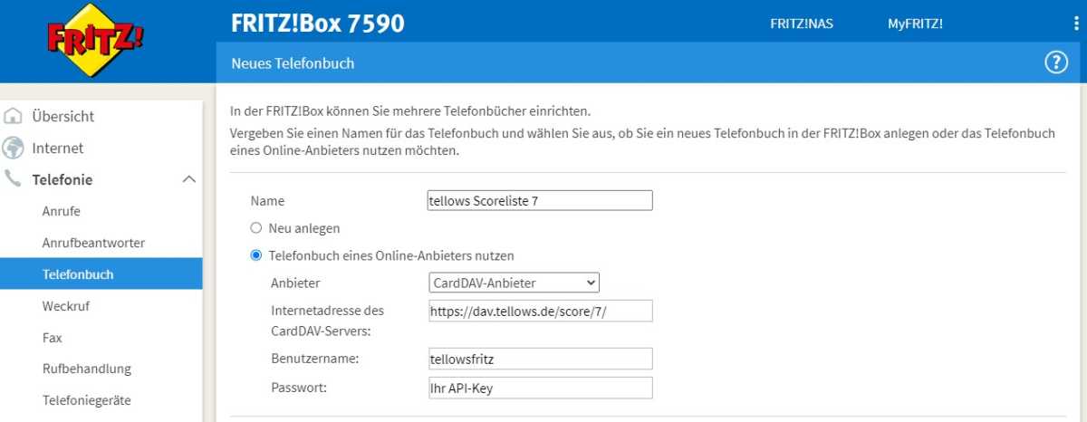 Die Tellows-Datenbank richten Sie wie ein Telefonbuch in der Fritzbox ein. Dabei sollten sie die Spammerdatenbank aufgrund ihrer Größe zwei Telefonbücher aufteilen: in die mit Score 7 (Bild) und die mit Score 8 und 9.