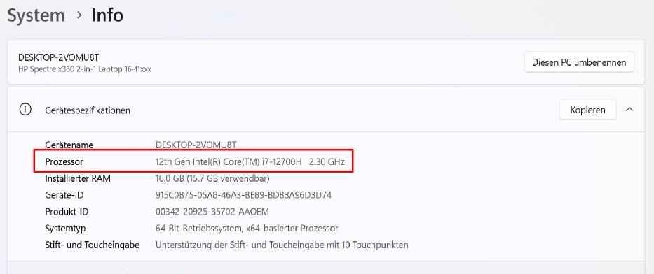 Der eingebaute Prozessor gibt einen Hinweis auf die USB-C-Fähigkeiten des Rechners. Intel-CPUs ab der 11. Generation unterstützen beispielsweise TB 4 und USB 4. Mit der hier gezeigten 12. Intel-Generation sind Sie damit auf der sicheren Seite.