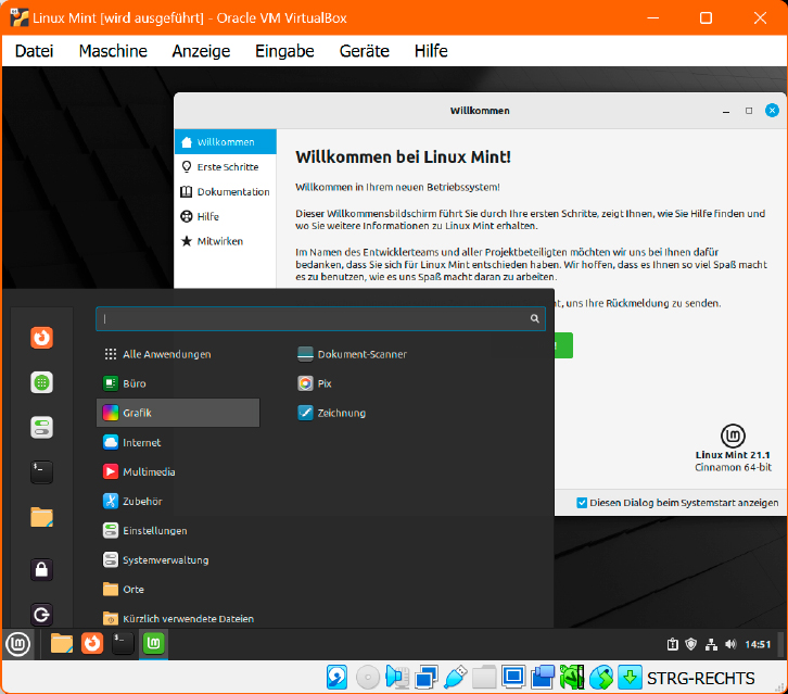 Virtueller PC: Gleich, ob Livesystem oder Installation – Linux Mint läuft in einer isolierten Systemumgebung von Virtualbox.