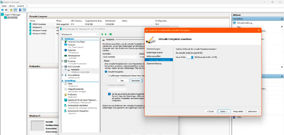 Ist die Festplatte des virtuellen Gast-PCs zu klein, können Sie deren Größe mit wenigen Mausklicks im Hyper-V-Manager ändern. Das ist oft besser, als eine zusätzliche Festplatte hinzuzufügen.