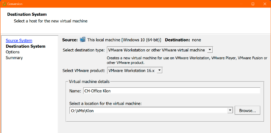 Als Zieltyp wählen Sie Wmware Workstation oder den kostenlosen Vmware Player. Der Konverter passt den Gast-PC dann gleich an, sodass der Start ohne weitere Anpassung möglich ist.