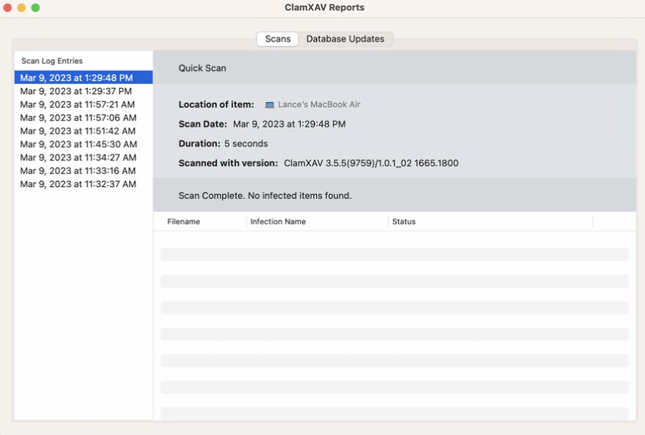 ClamXAV 3 virus Reports screen