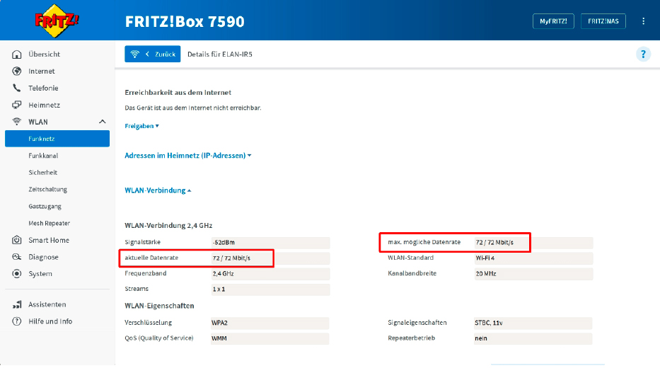 Je näher die aktuelle Datenrate bei der maximal möglichen liegt, umso besser ist die WLAN-Verbindung. In diesem Beispiel kann die Fritzbox einen Saugroboter über Wi-Fi 4 tatsächlich mit maximalem WLAN-Tempo versorgen.