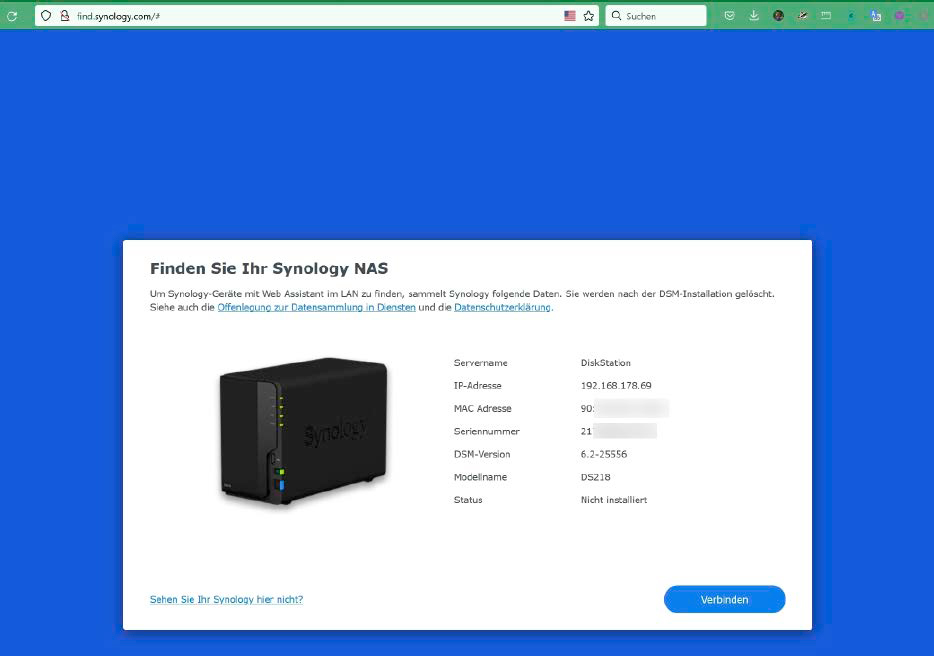 Je nach NAS-Modell müssen Sie zum Einrichten des Netzwerkspeichers nicht einmal seine IP-Adresse kennen: Der Assistent von Synology beispielsweise findet Ihr NAS-Gerät im Heimnetz, nachdem Sie ihn mit der Webadresse find.synology.com gestartet haben.