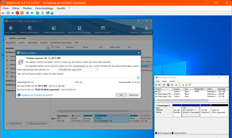 Sollte die Größenänderung im Windows-Gastsystem (Fenster rechts) mit den Bordmitteln nicht funktionieren, verwenden Sie das kostenlose Programm Minitool Partition Wizard Free