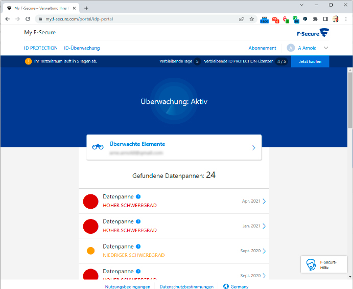 Von F-Secure gibt es einen Passwortmanager, der auch nach gestohlenen Zugangsdaten sucht. Das Tool heißt ID Protection und kostet im Angebot ab 4 Euro pro Monat.