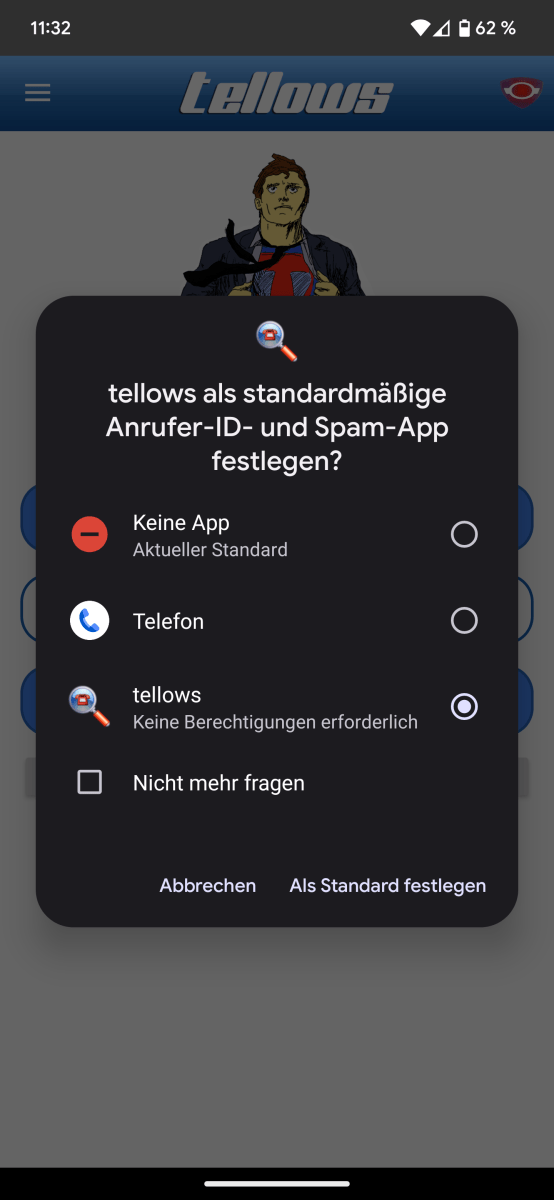 Beim Einrichten der Android-App müssen Sie Tellows als Anrufer-ID- und Spam-App festlegen. Bekommen Sie dann einen potenziellen Spamanruf, erscheint der Tellows-Score am Bildschirm, und Sie können entscheiden, ob Sie den Anruf annehmen.