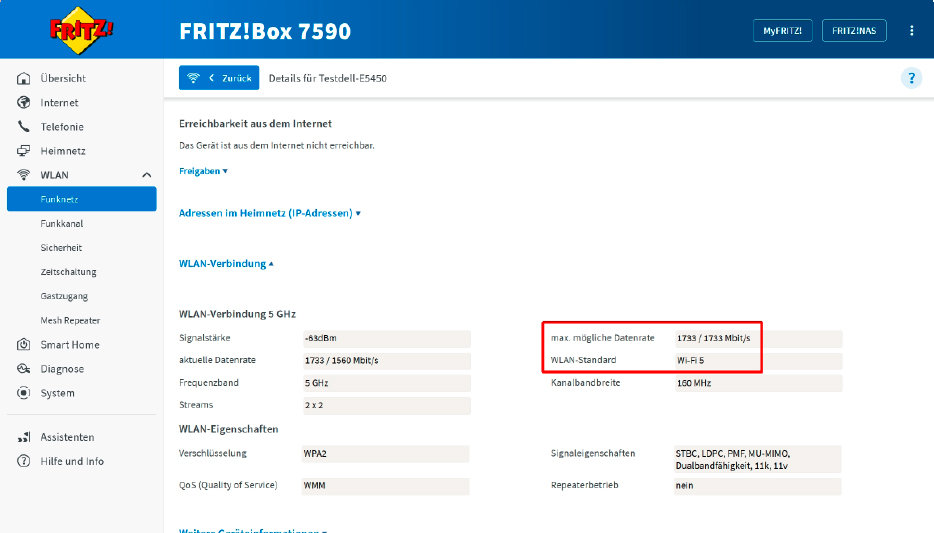 Das optimale Tempo bestimmt bei einer WLAN-Verbindung immer das schwächere Gerät: In diesem Fall bindet zum Beispiel eine Fritzbox Wi-Fi-5 auch ein eigentlich schnelleres Wi-Fi-6-Notebook nur mit maximal 1733 MBit/s an.