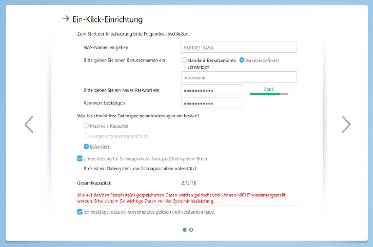 Beim Einrichten eines NAS müssen Sie sich auch um die Verwaltung der Laufwerke kümmern: Asustor macht das mit der Ein-Klick-Einrichtung besonders komfortabel.