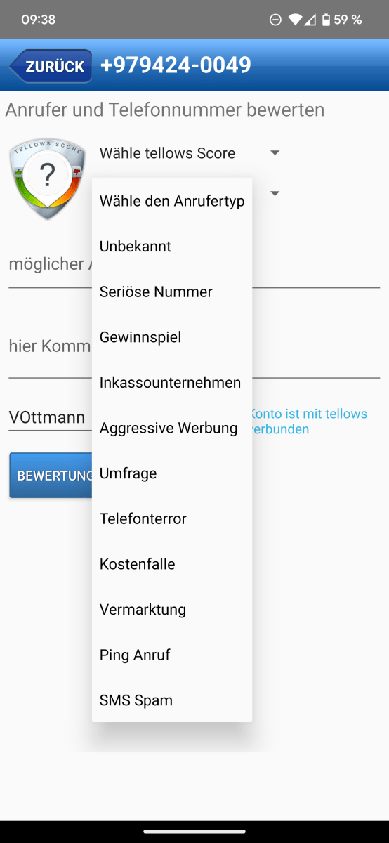 Um in der Tellows- App eine Rufnummer zu bewerten, rufen Sie sie über die Anrufhistorie auf und geben einen Score sowie den Anrufertyp an, also ob es sich etwa um Telefonmarketing, ein Gewinnspiel oder aber eine seriöse Nummer (Score 1) handelt.