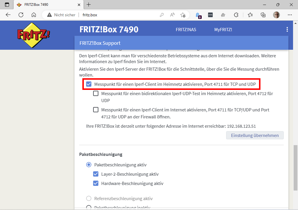 Auf einer versteckten Seite der Fritzbox-Oberfläche können Sie einen iperf-Server aktivieren, um danach eine Geschwindigkeitsmessung durchzuführen.