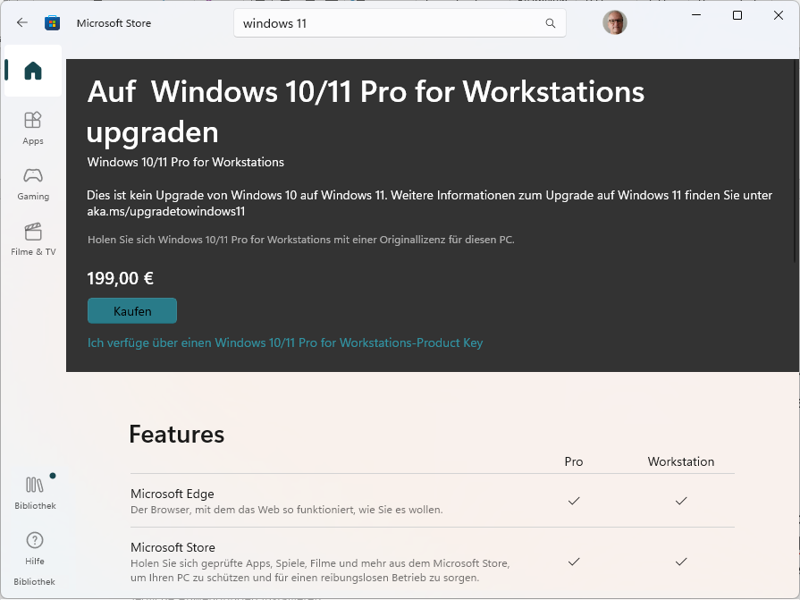 Im Microsoft Store erhalten Sie eine Retail-Lizenz für „Windows 11 Pro for Workstation“ für 199 Euro. Es handelt sich dabei um eine leicht aufgebohrte Version von Windows 11 Pro.