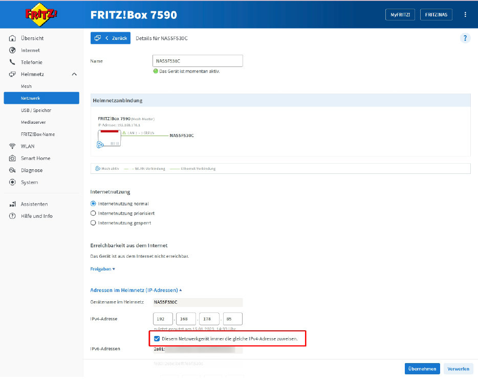 Mit einer passenden Einstellung im Router sorgen Sie dafür, dass Ihr NAS immer dieselbe IP-Adresse bekommt. Auch die Fritzbox hat im Menü eine entsprechende Funktion.