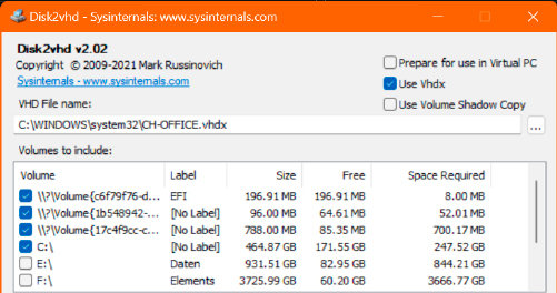 Disk2vhd konvertiert die Festplatte Ihres Windows-PCs in ein bootfähiges VHDX-Abbild.