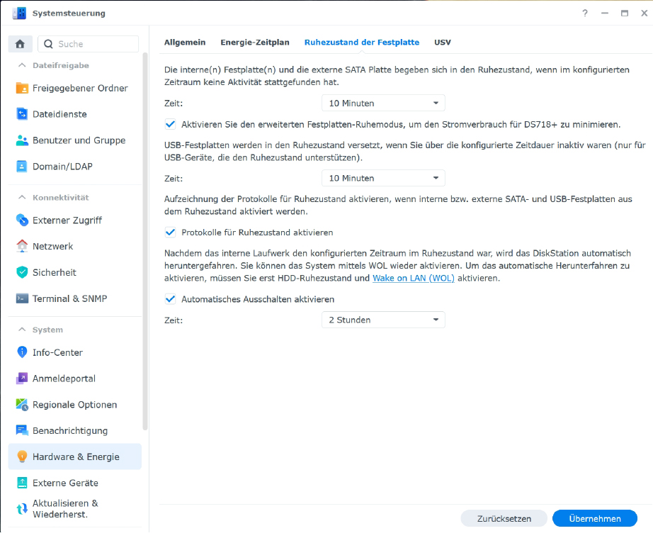 Besonders einfach senken Sie den Stromverbrauch eines NAS, wenn es die Festplatten rasch in den Sleep- Modus versetzen darf. Synology und Qnap bezeichnen diese Einstellung als „Ruhezustand“.
