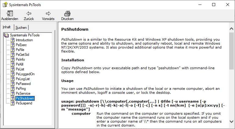 Hilfe für die PS-Tools: Die Hilfe-Datei Pstools.chm enthält Beschreibungen der Tools und Erklärungen für die Bedeutung der verfügbaren Kommandozeilenoptionen.