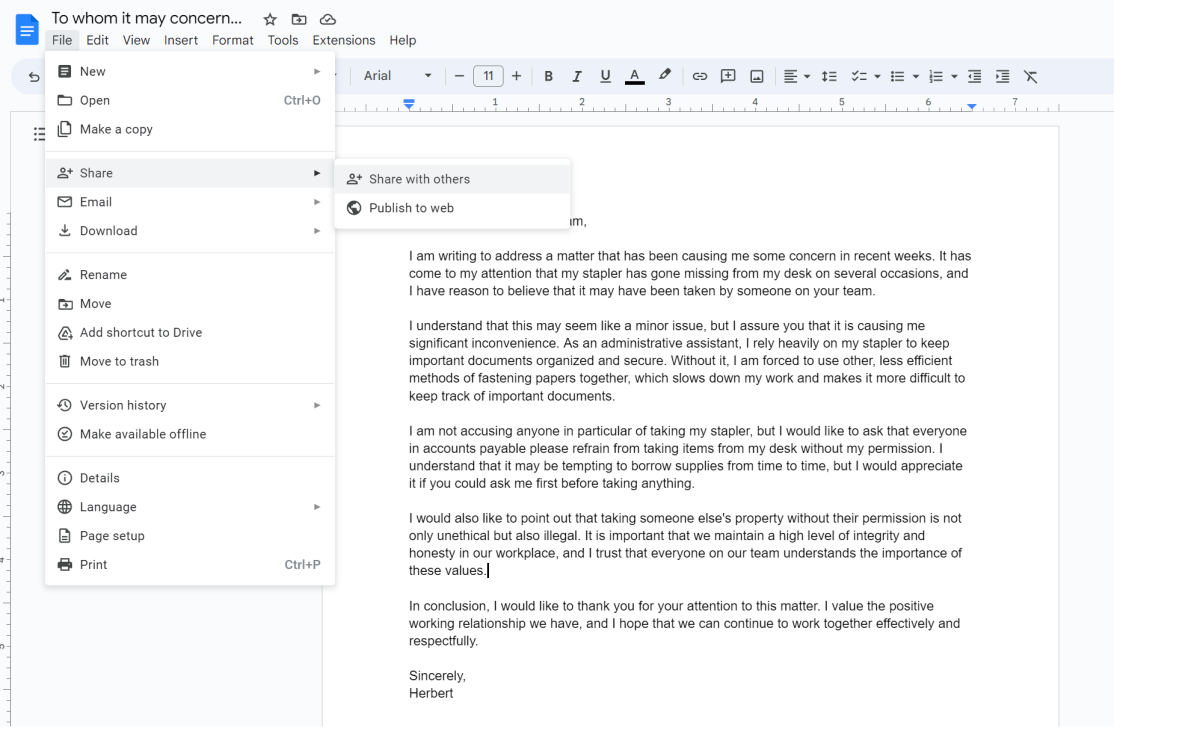 A document to be shared in Google Docs