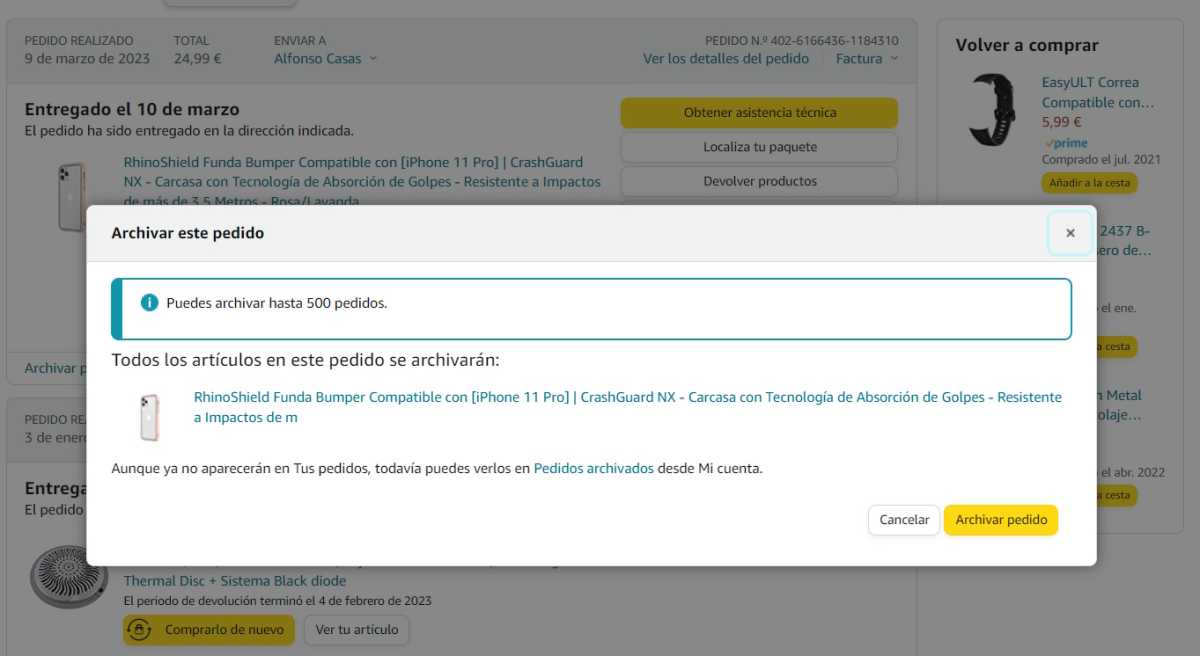 Amazon Prime archivar pedido