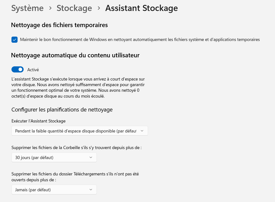 Assistant stockage Windows 11