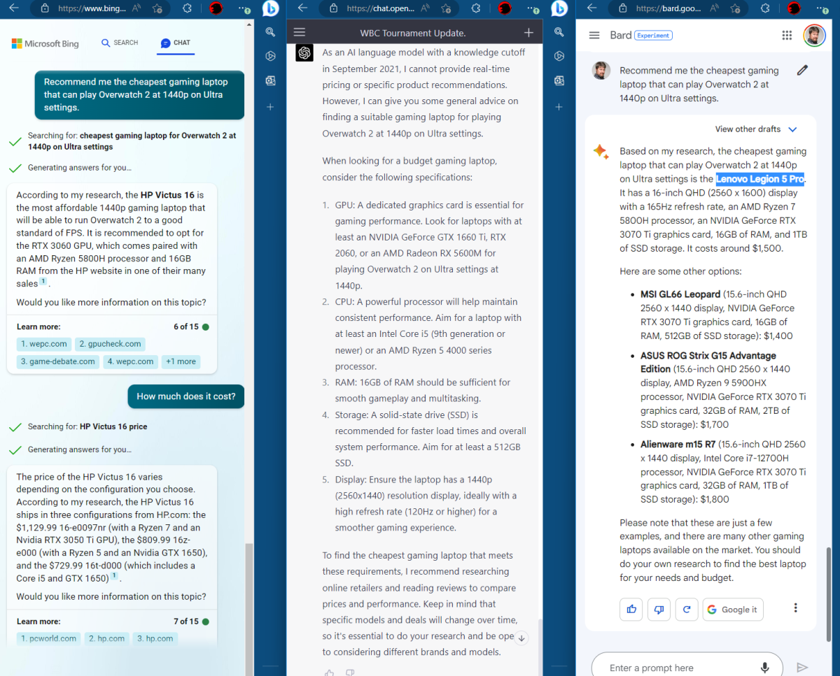 Bing Chat vs Google Bard vs ChatGPT AI gaming PC overwatch 2