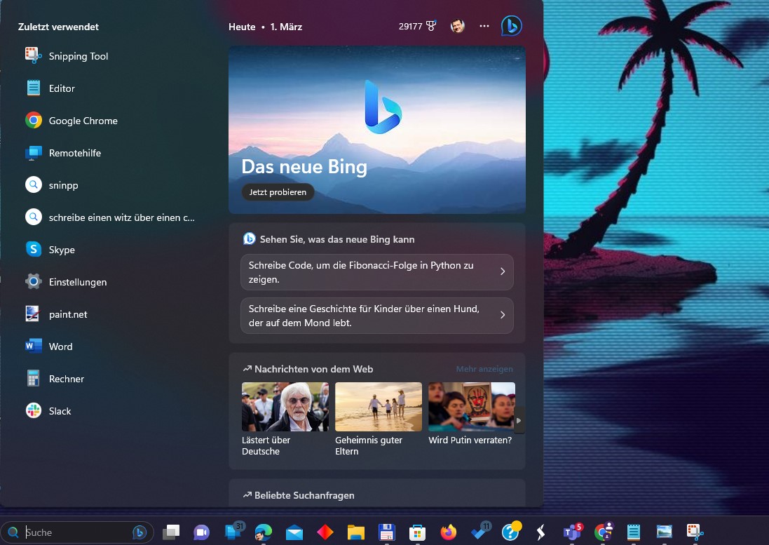 Der Bing KI Chat ist in Windows 11 integriert
