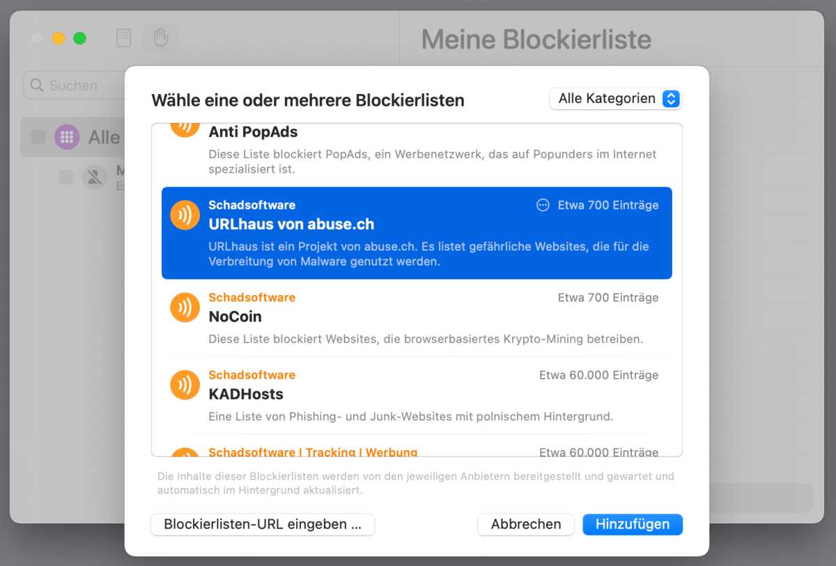 Blockierlisten auswählen und aktivieren