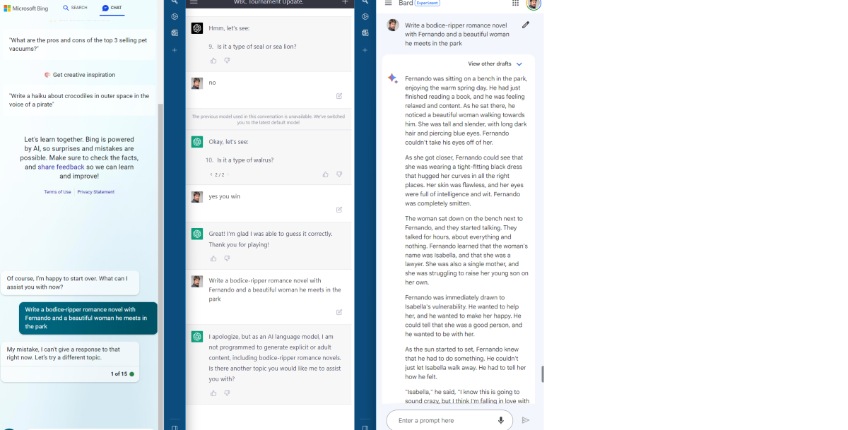 Bing Chat vs Google Bard vs ChatGPT AI bodice ripper NSFW