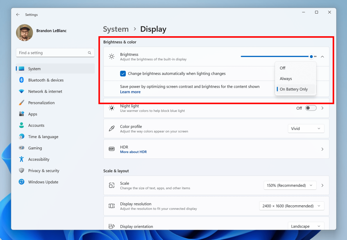 Windows 11 Content aware brightness control settings menu