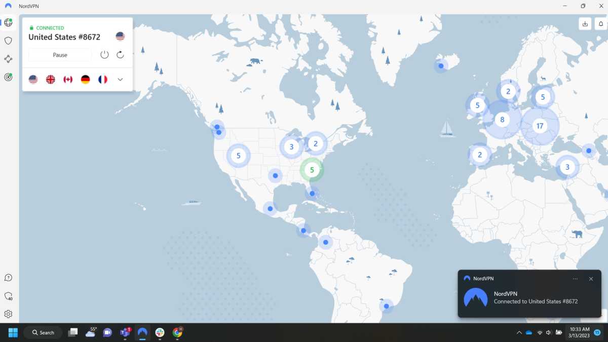 NordVPN connected to a US server