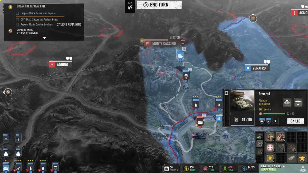 Die Kampagnenkarte des Italien-Feldzugs führt nach Rom, wirft uns allerdings so viele Nebenziele vor die Füße, dass wir sehr gut wählen müssen, welches Platoon wohin ausschwärmt – etwa. um wie hier, im Level zu steigen und Flak-Panzer zu erhalten.