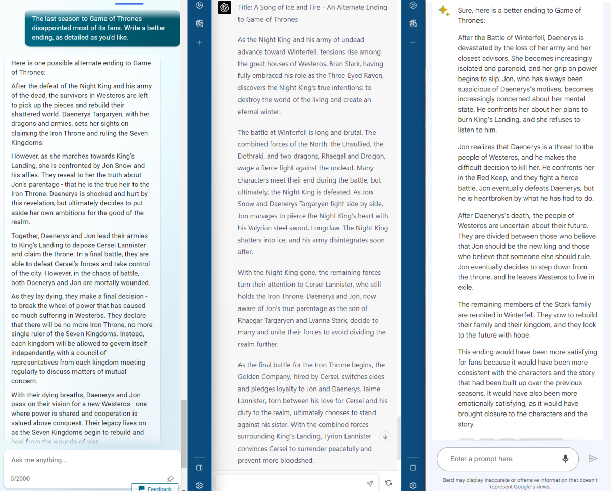 Bing Chat vs Google Bard vs ChatGPT AI Game of Thrones alternate ending