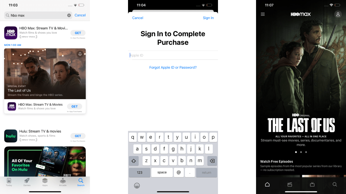 HBO Max sign-up process on an iphone