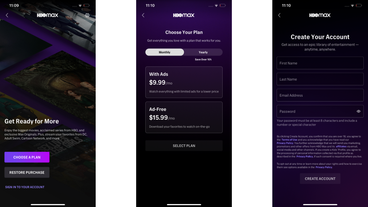 Sign-up process for HBO Max on an iPhone