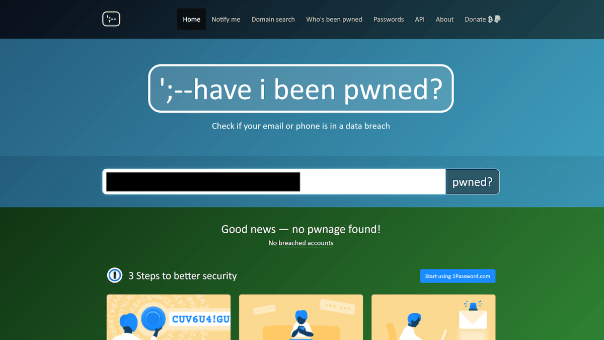 A screengrab of the Have I Been Pwned homepage viewed through Firefox for Windows