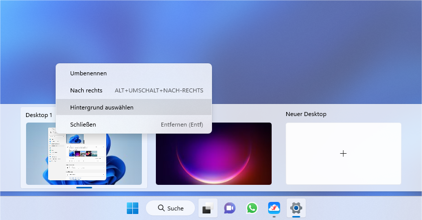 Statt „Desktop 1“, „Desktop 2“ und so weiter lassen sich die Erweiterungen frei benennen. Den Hintergrund kann man jedoch nur in Windows 11 ändern, nicht in Windows 10.